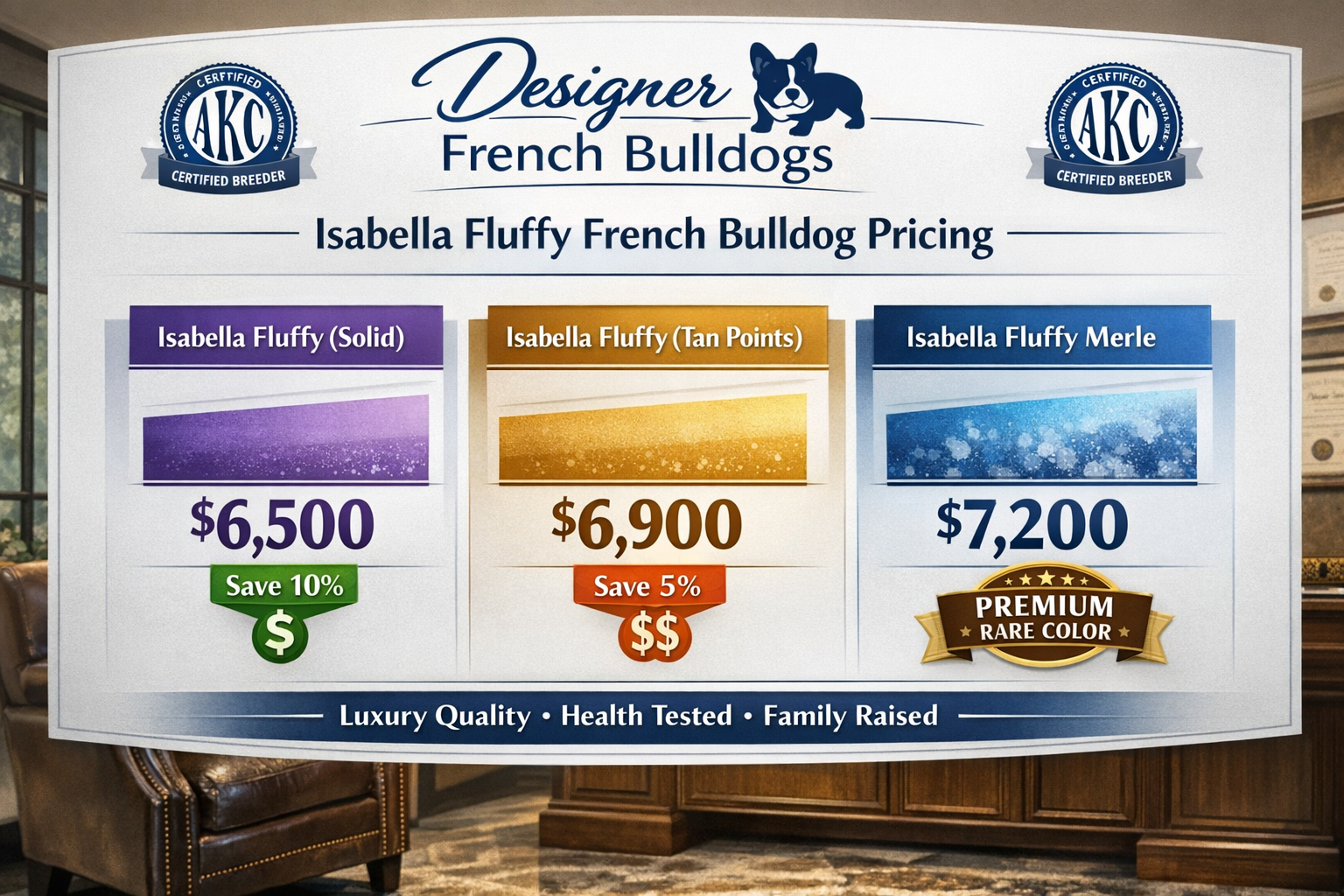 Interactive price comparison chart showing Isabella fluffy French Bulldog pricing tiers from $6,500 to $7,200 with color gradient bars repre