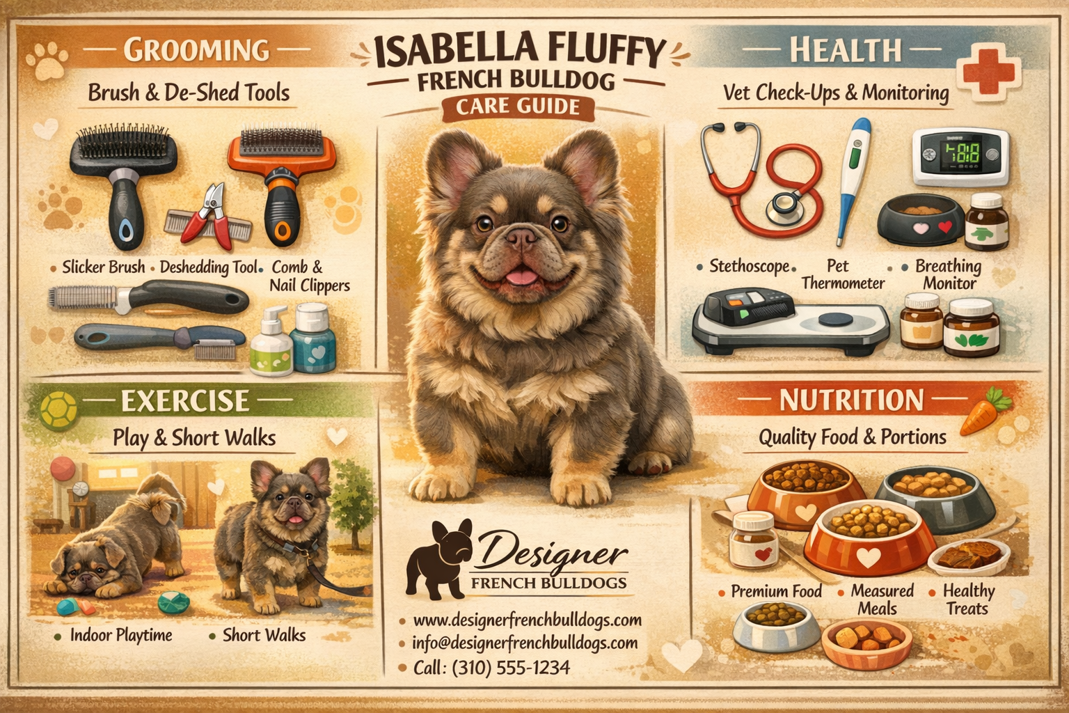 Comprehensive care guide infographic for Isabella fluffy French Bulldogs showing grooming tools, health monitoring equipment, exercise routi