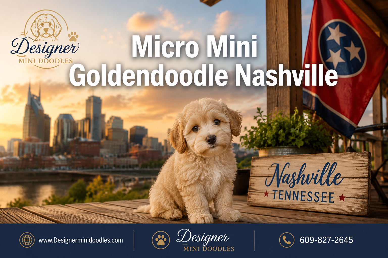 Professional () editorial hero image with 'Micro Mini Goldendoodle Nashville' in white with soft drop , centered