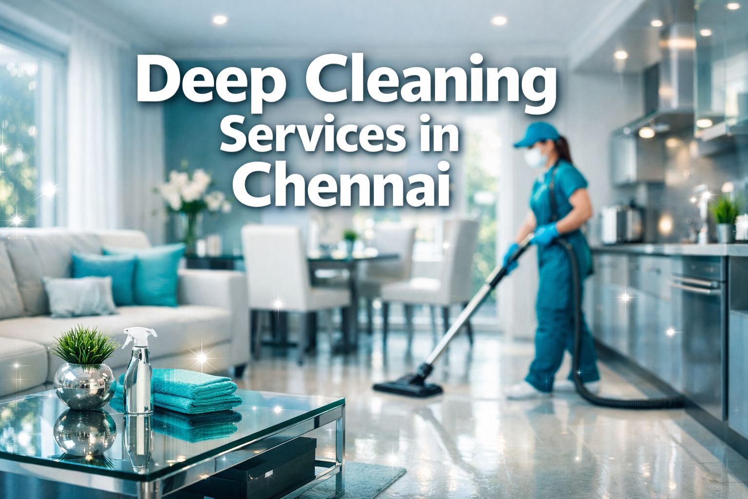 Professional landscape hero image (1536x1024) featuring bold text overlay: 'Deep Cleaning Services in Chennai' in extra large 72pt white san