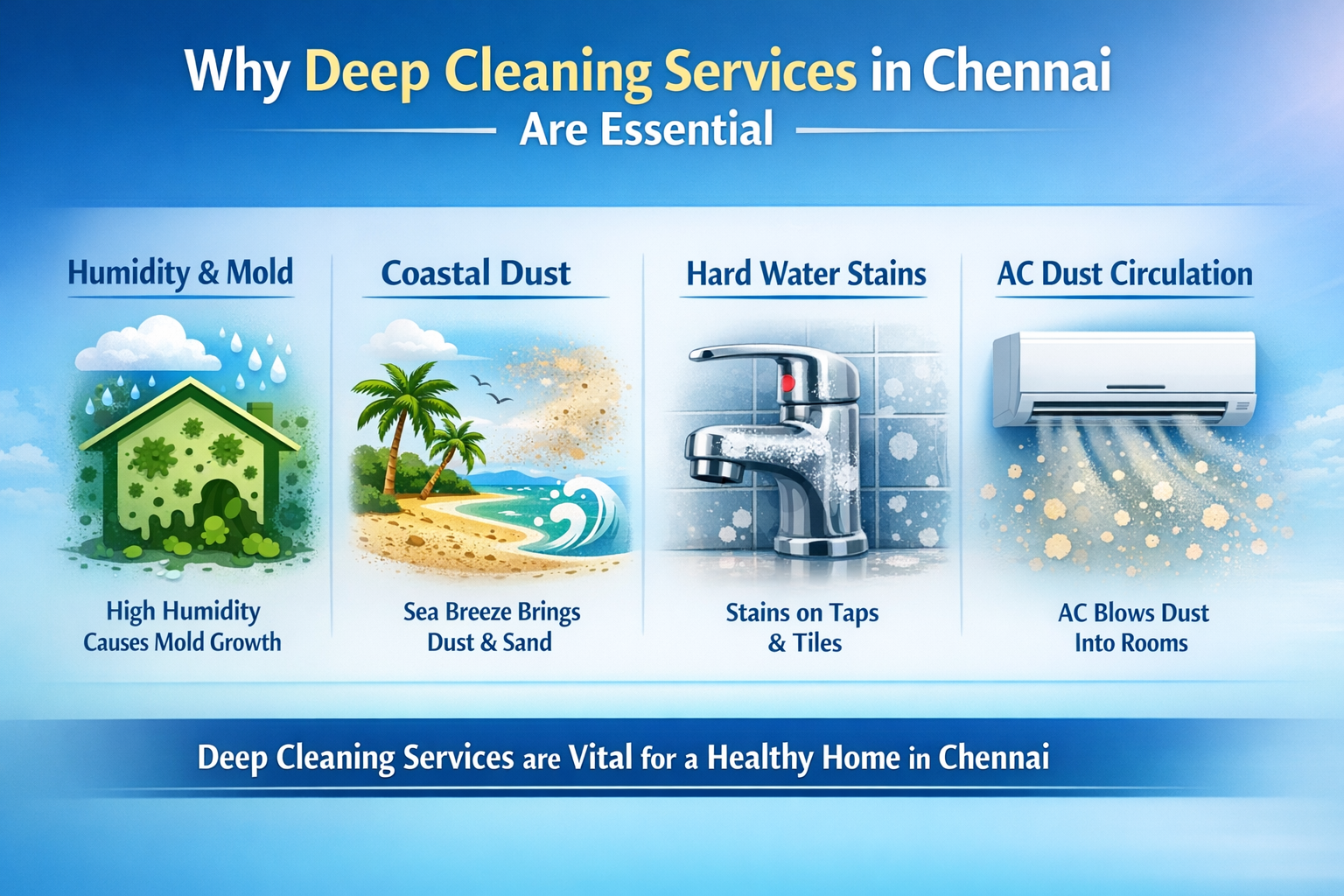 A visually striking infographic (1536x1024) illustrating Chennai's unique cleaning challenges: humidity leading to mold, coastal dust settli