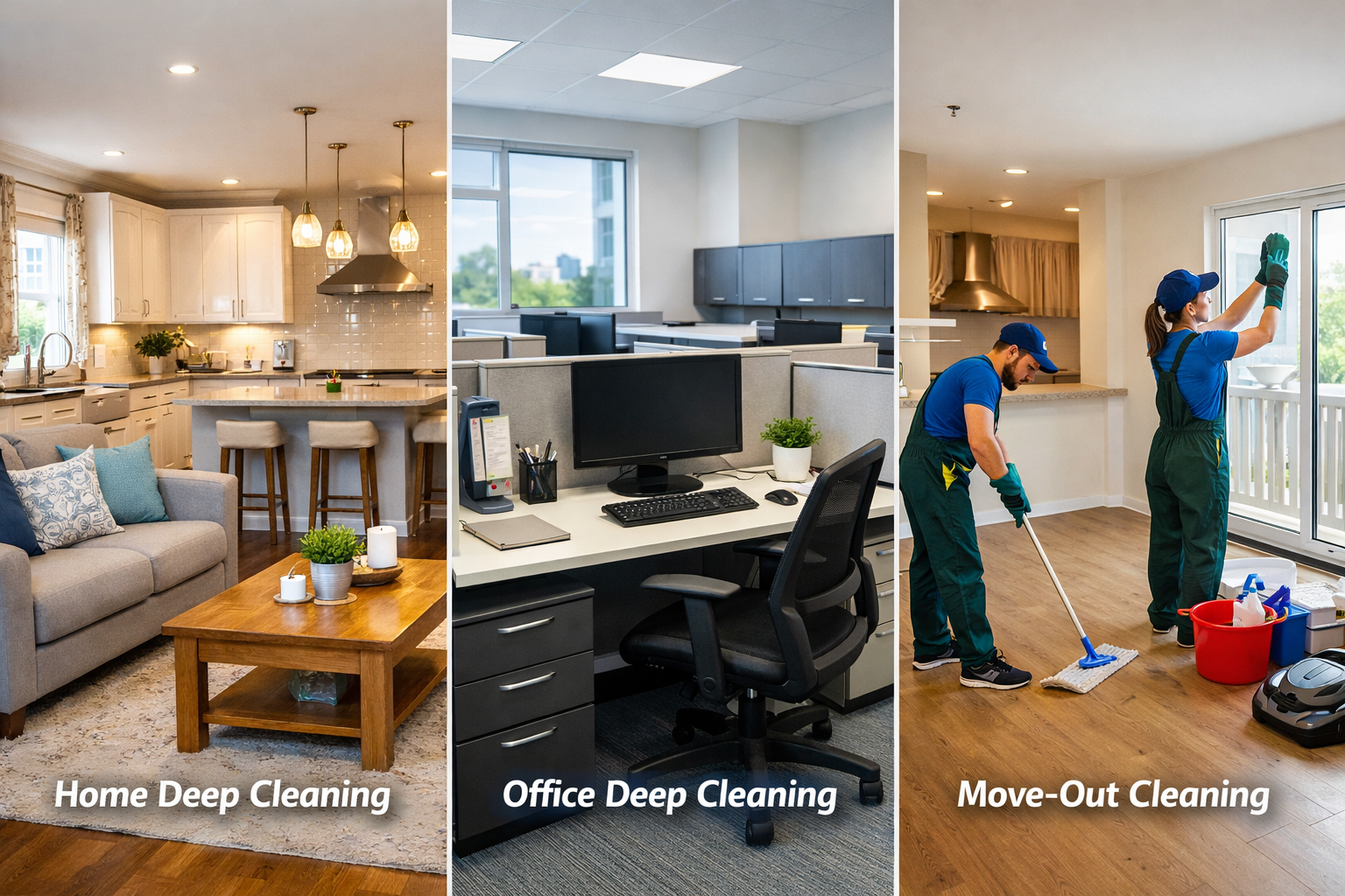 A multi-panel image (1536x1024) showcasing different types of Deep Cleaning Services in Chennai: one panel showing a sparkling home interior