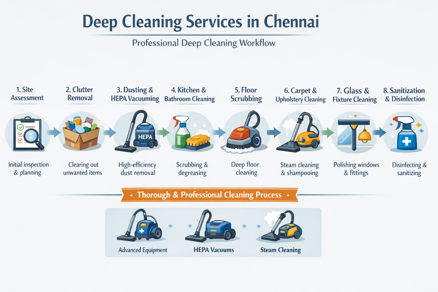 An intricate infographic (1536x1024) detailing the step-by-step professional deep cleaning workflow for Deep Cleaning Services in Chennai, f