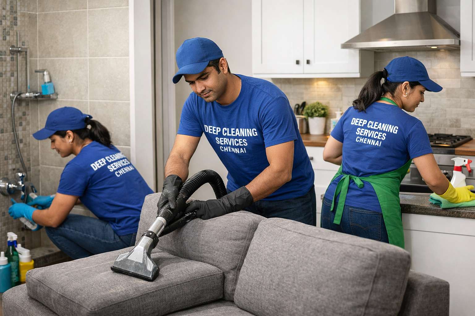 A dynamic image (1536x1024) depicting a team of professional cleaners from Deep Cleaning Services in Chennai actively working in different a