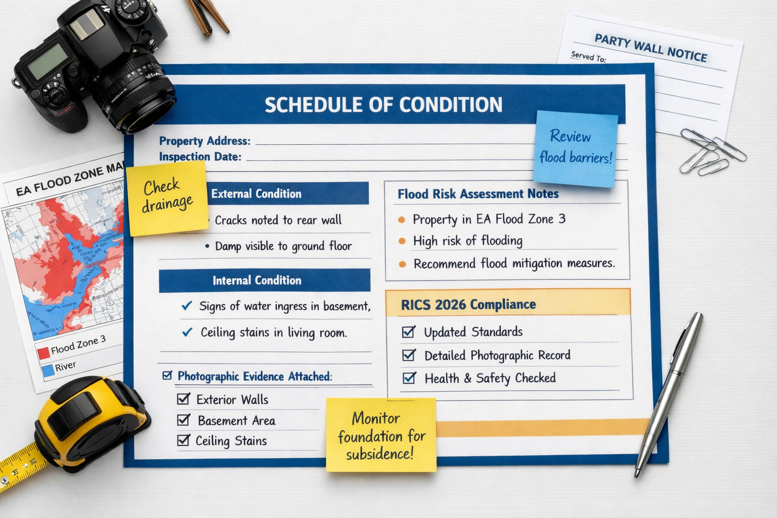 Flat-lay infographic style image showing a structured Schedule of Condition template document spread on a desk, annotated