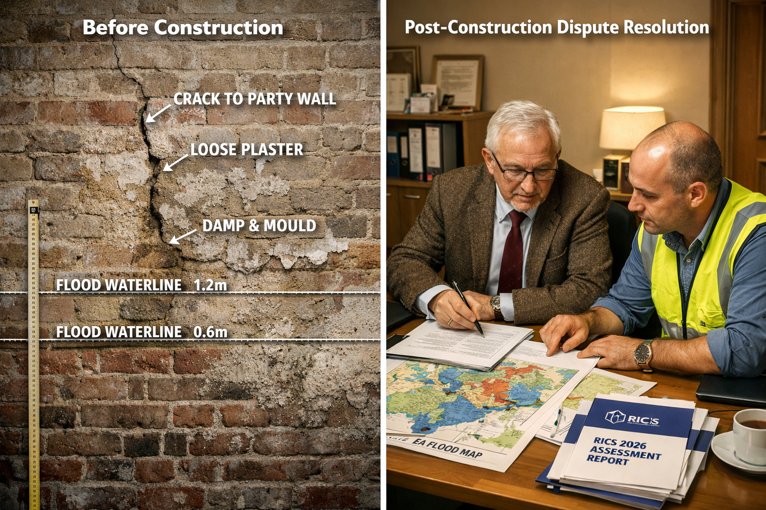 Split-screen editorial image: left side shows a before-construction photograph of a party wall with detailed condition