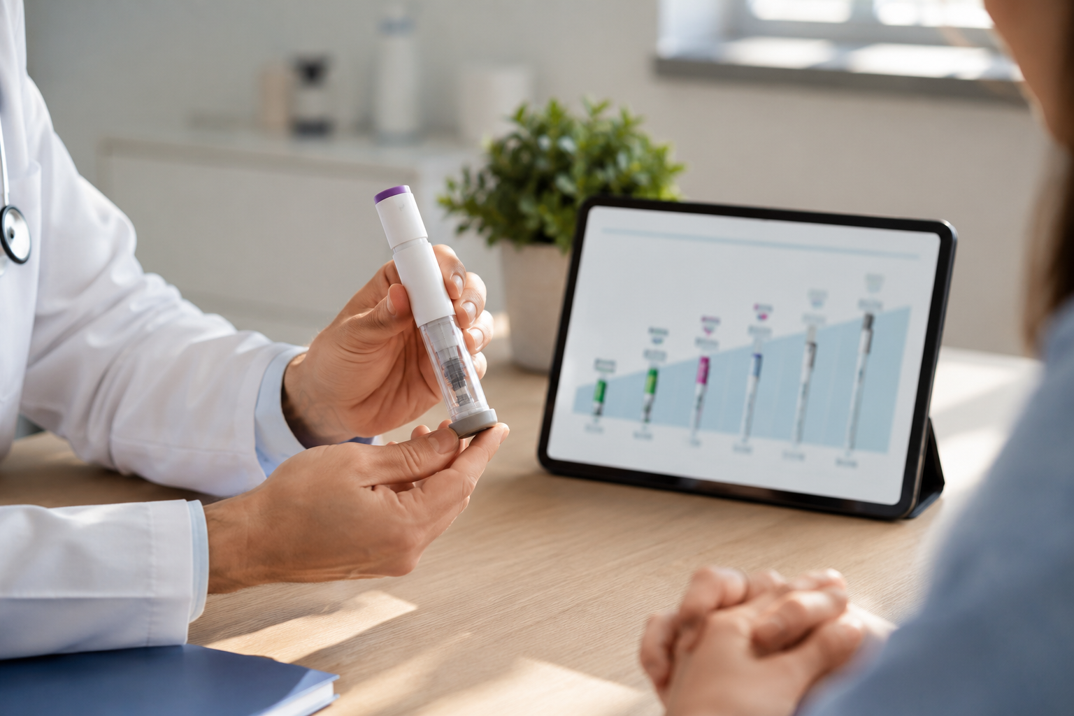Professional () editorial hero image showing a clean medical consultation scene with a healthcare professional's hands