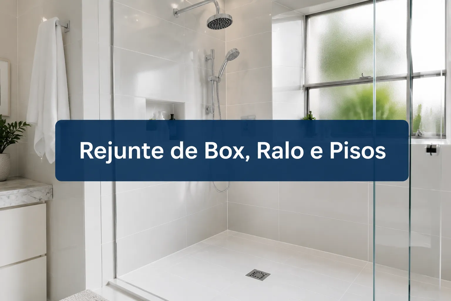 Professional () hero image with (≤42 chars): 'Rejunte de Box, Ralo e Pisos' in crisp white on a deep semi-transparent dark