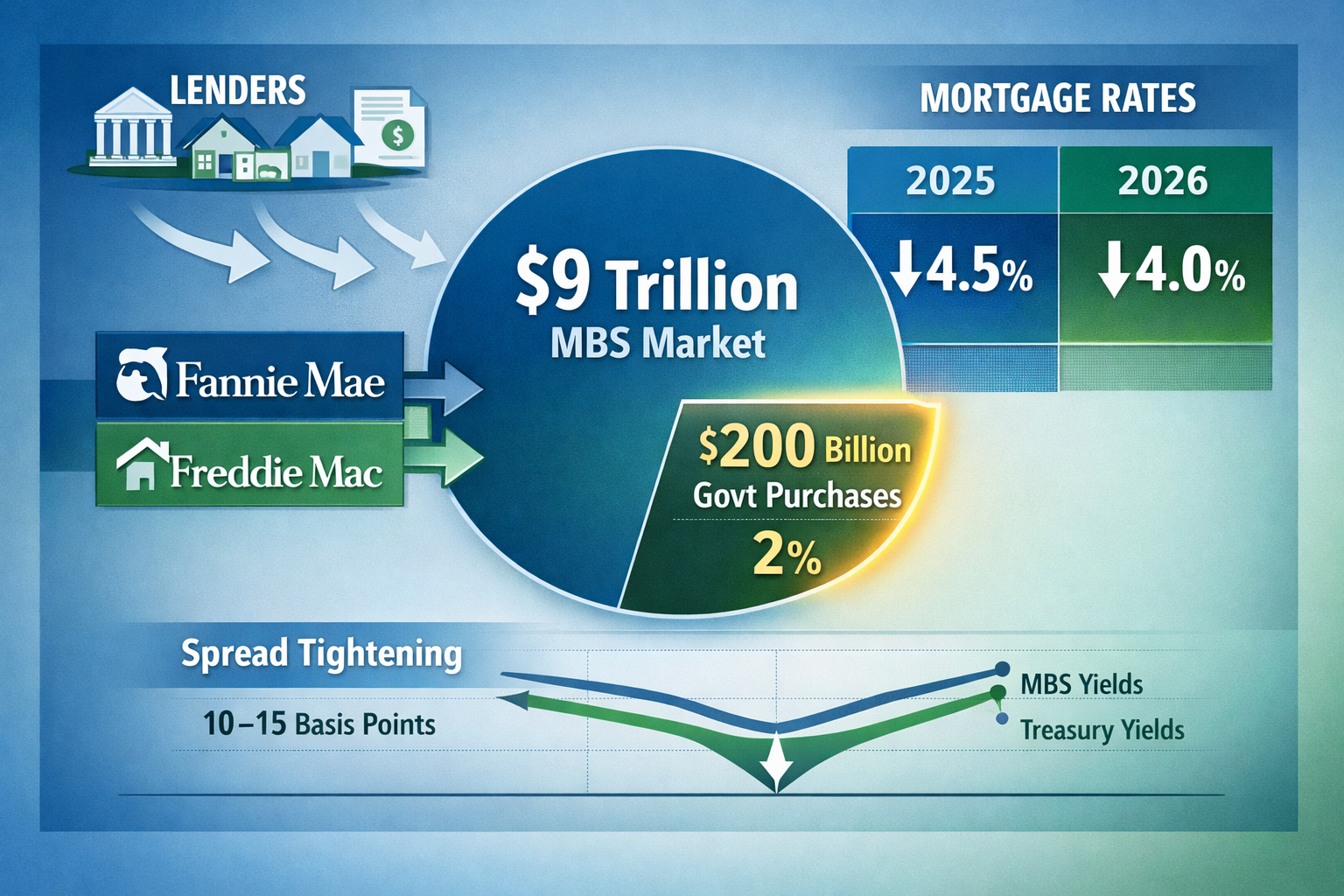 Landscape format (1536x1024) editorial illustration showing detailed MBS market structure with Fannie Mae and Freddie Mac logos prominently 