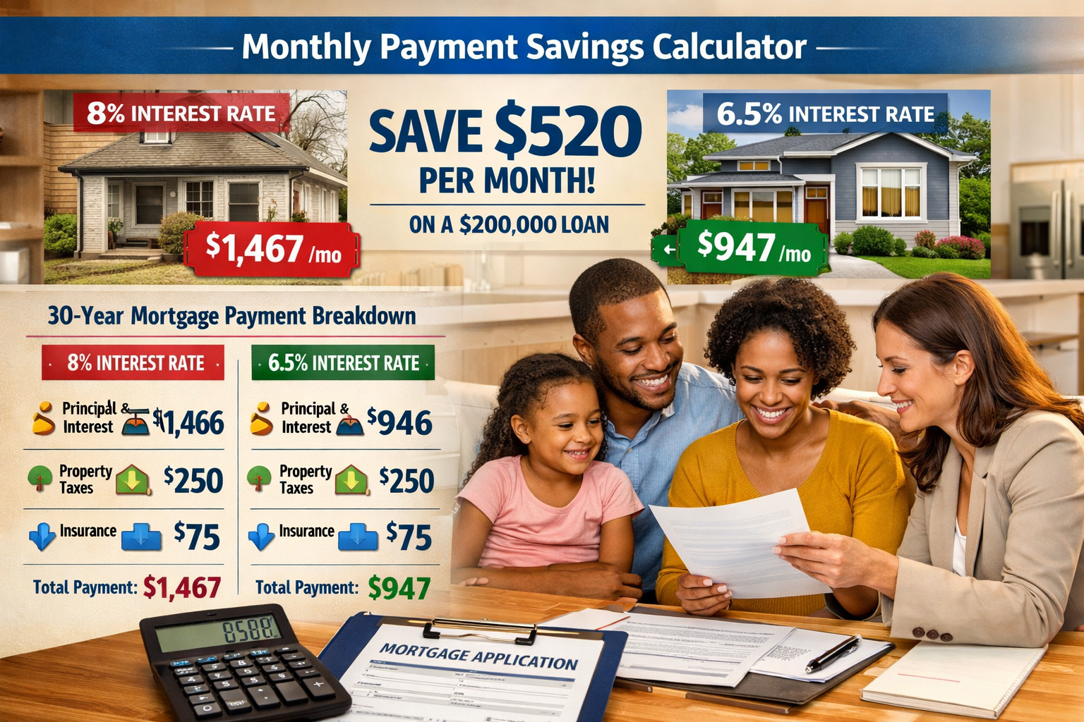 Landscape format (1536x1024) detailed financial comparison chart showing monthly payment savings calculator display, side-by-side home image