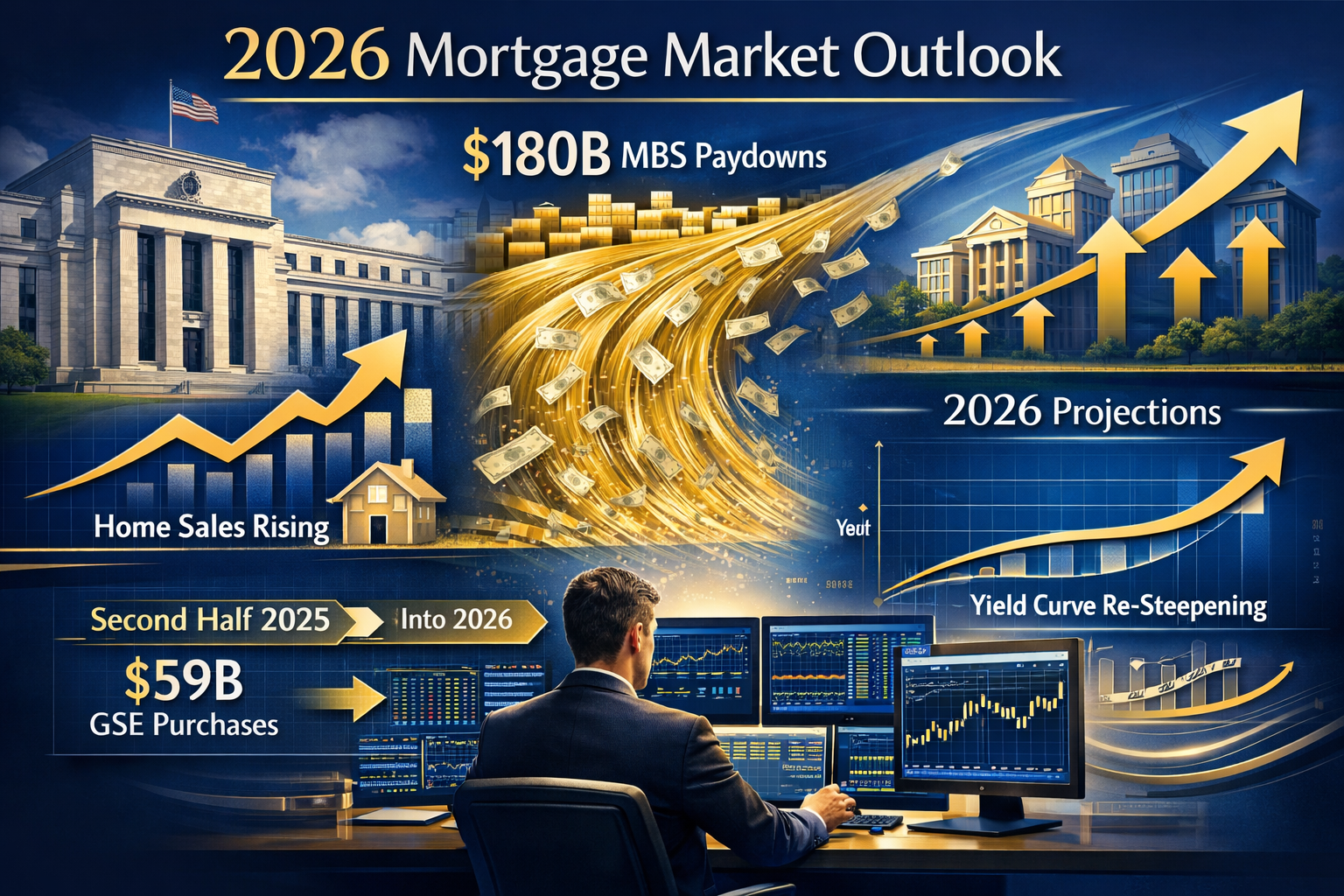 Landscape format (1536x1024) sophisticated visualization of 2026 mortgage market outlook showing upward trending home sales graph, Federal R