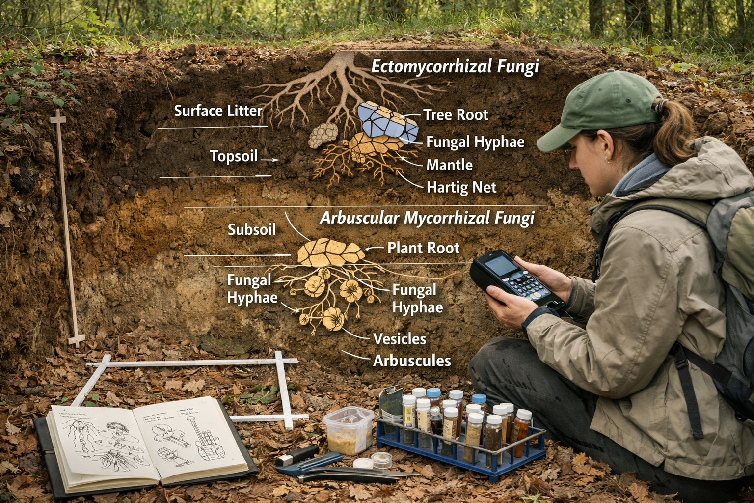 () detailed illustration showing ecologist in field gear using handheld DNA sequencing device next to exposed soil profile
