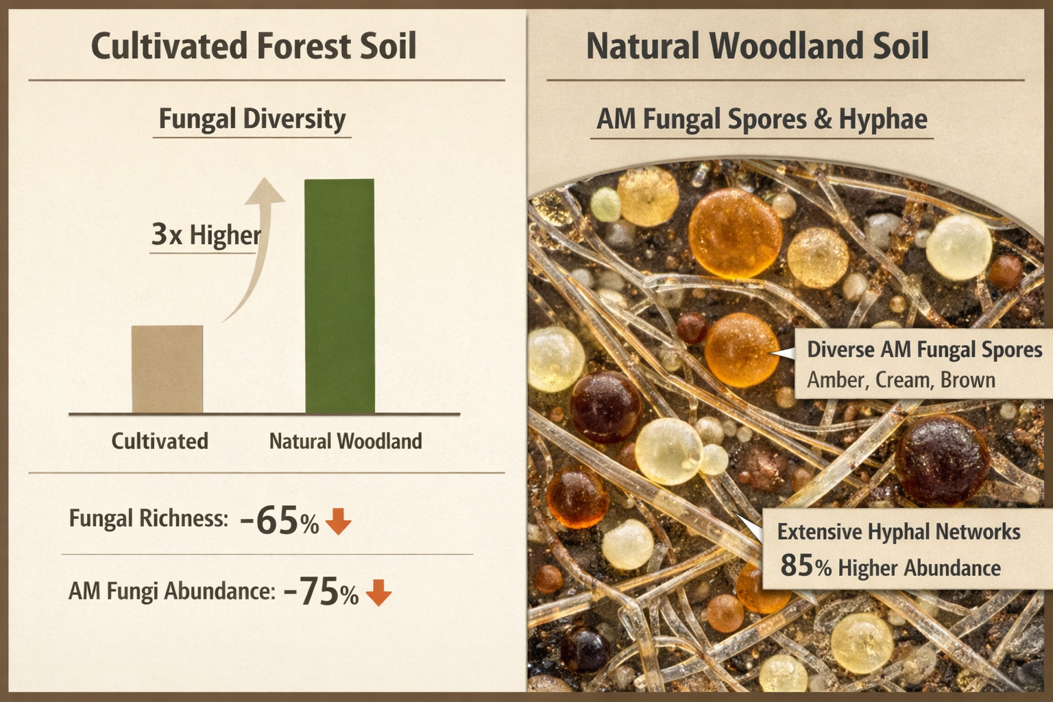 () split-screen comparison infographic showing cultivated versus uncultivated forest soil biodiversity metrics, left side