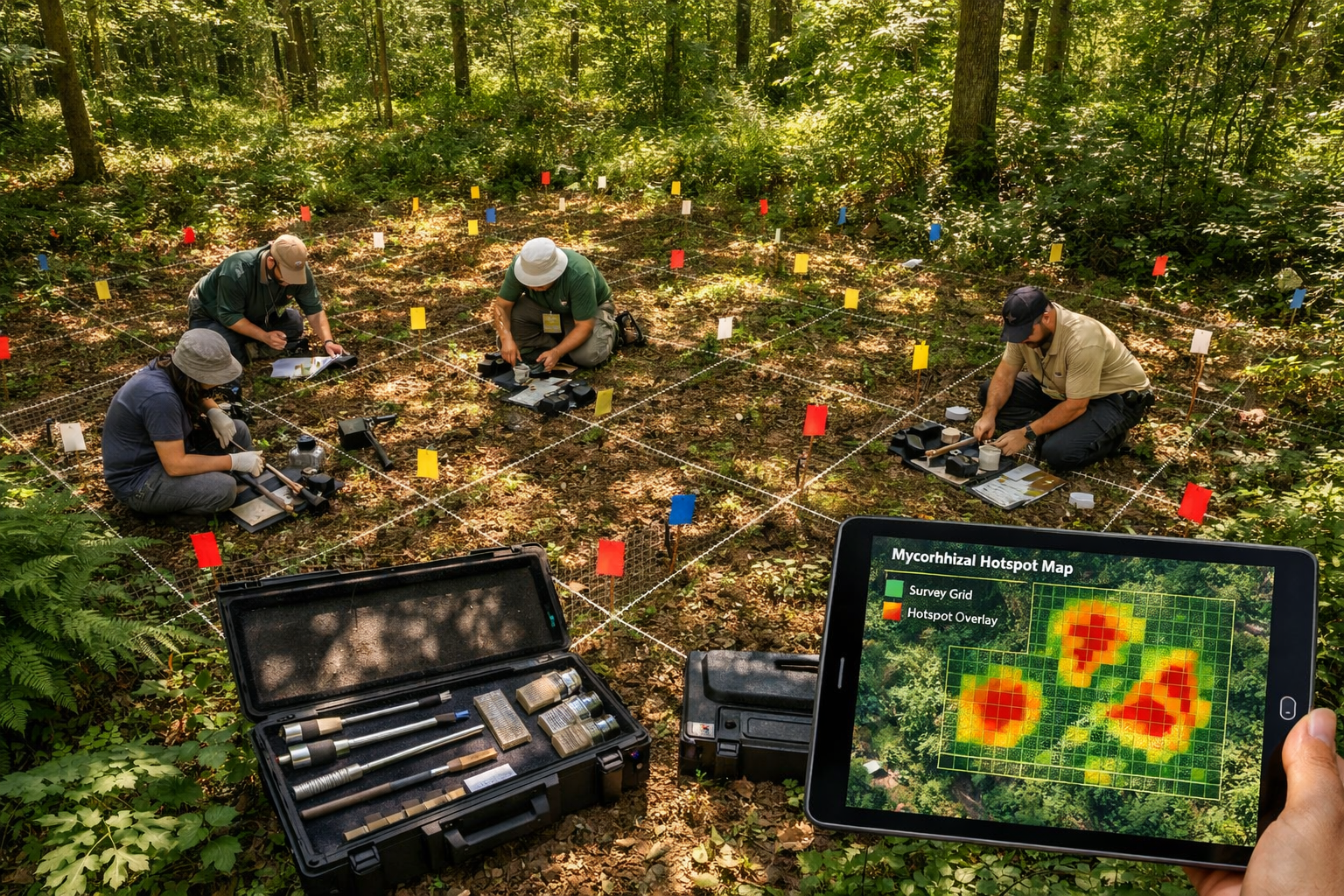 () aerial drone perspective of forest BNG baseline survey site with visible survey grid system marked by colored flags,