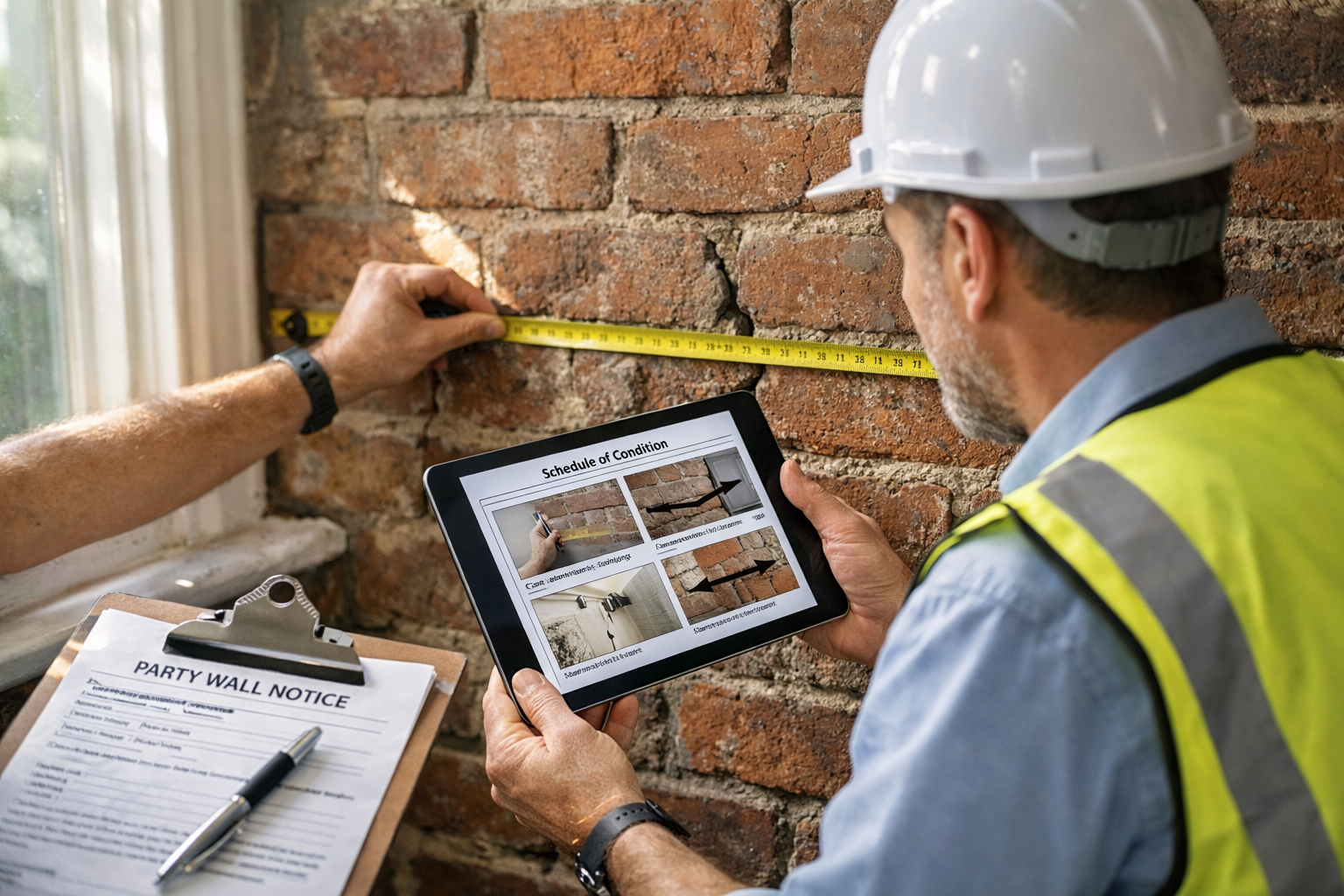 () editorial image showing a professional party wall surveyor in hard hat conducting a detailed inspection of a shared wall