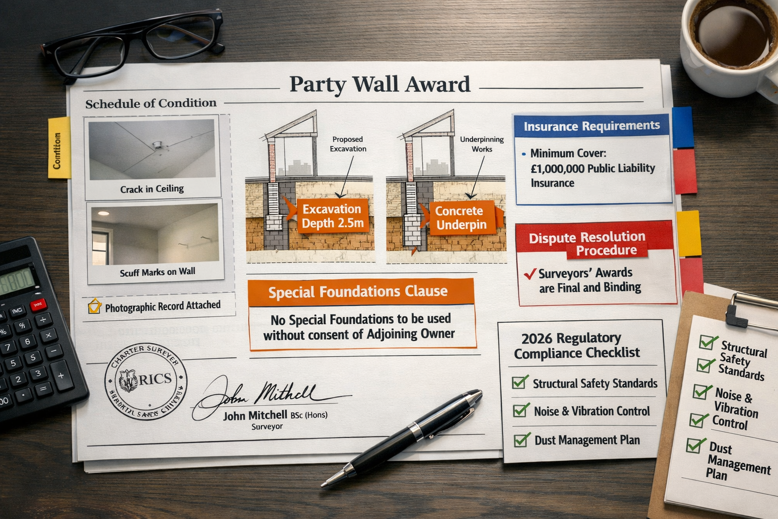 () detailed infographic-style image displaying a comprehensive party wall award document spread across a modern desk