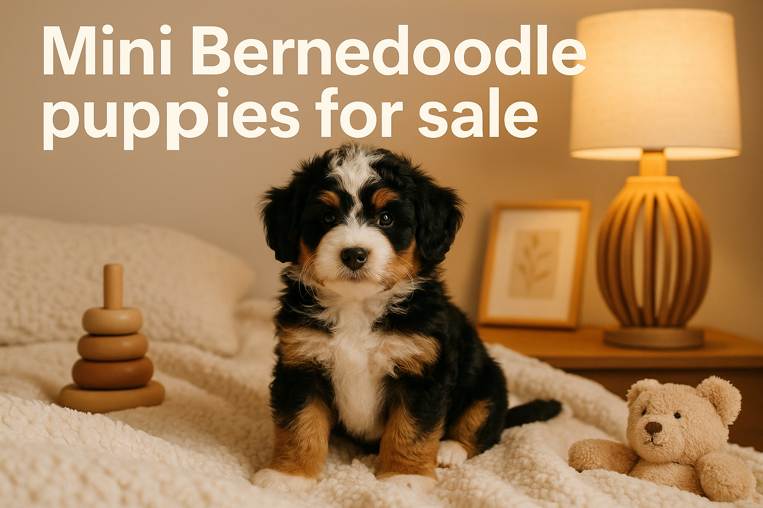 Professional landscape hero image (1536x1024) featuring a playful, fluffy Mini Bernedoodle puppy with tri-color markings sitting obediently 