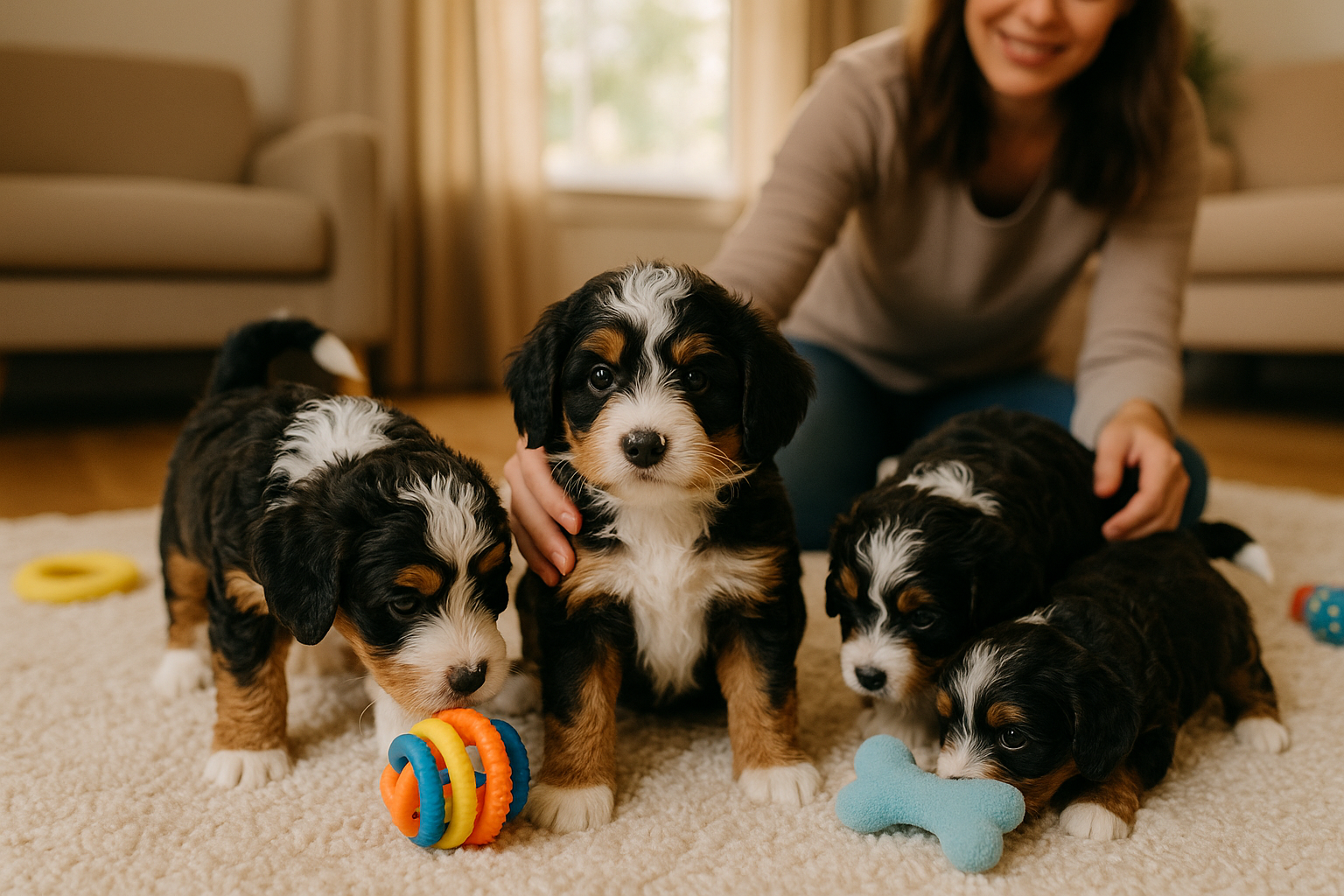 A beautifully composed landscape image (1536x1024) illustrating a responsible Mini Bernedoodle Breeder's home environment, showing several a