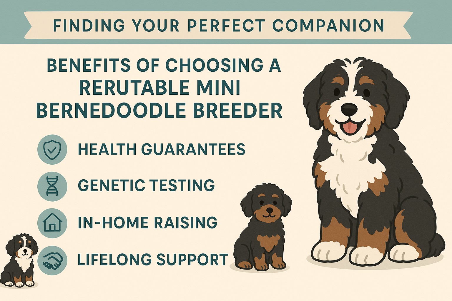 An infographic-style landscape image (1536x1024) detailing the benefits of choosing a reputable Mini Bernedoodle Breeder, using a clean, mod