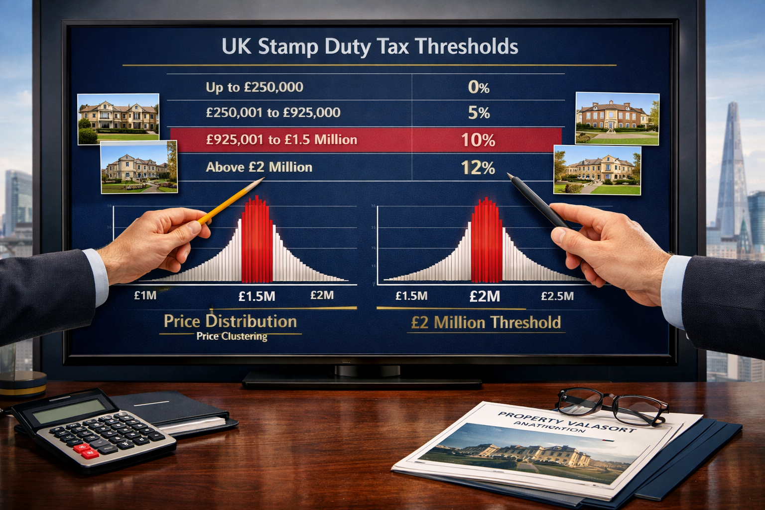 Landscape format (1536x1024) editorial image showing detailed comparison chart of UK stamp duty tax thresholds with price bunching visualiza