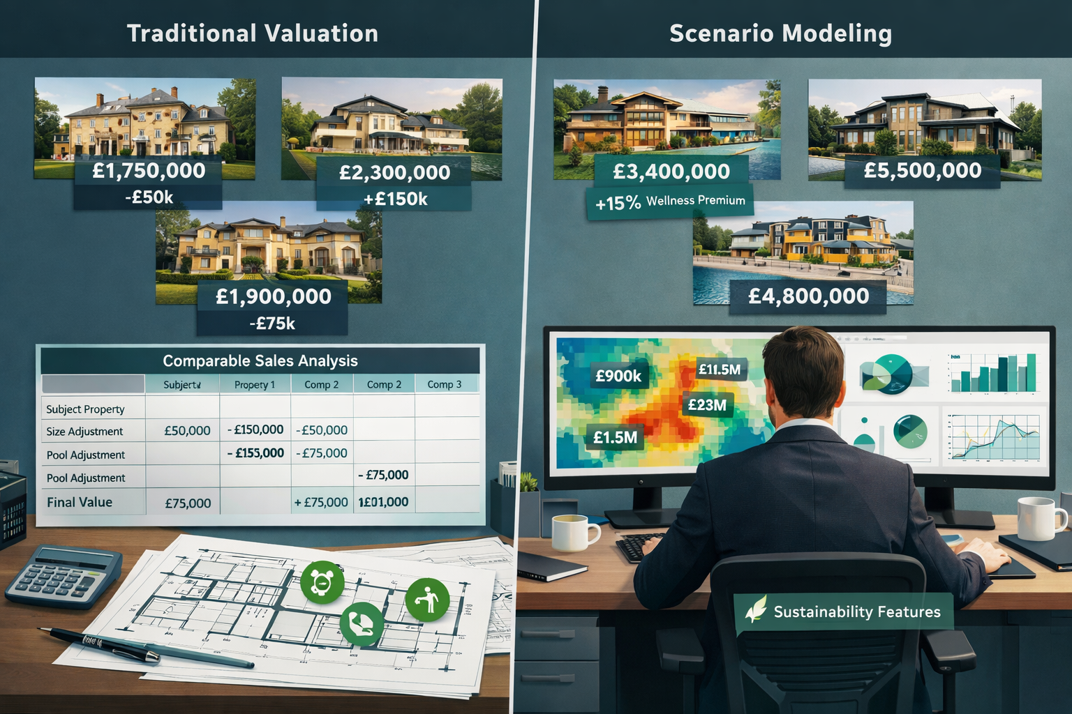 Landscape format (1536x1024) professional image depicting advanced comparable sales analysis for luxury homes, split-screen composition show