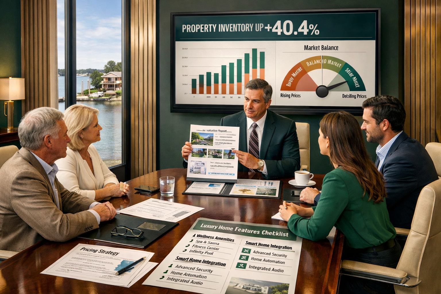 Landscape format (1536x1024) editorial image showing luxury home buyer negotiation scenario, elegant conference room with floor-to-ceiling w