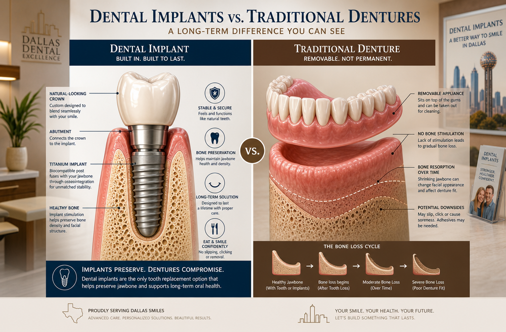 Detailed () image comparing the foundational differences between dental implants and traditional dentures. On one side, a