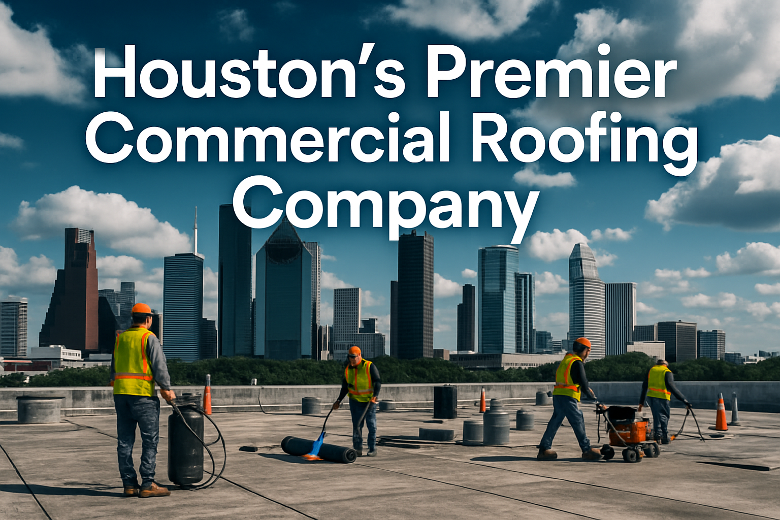Professional landscape hero image (1536x1024) featuring bold text overlay 'Houston's Premier Commercial Roofing Company' in extra large 72pt