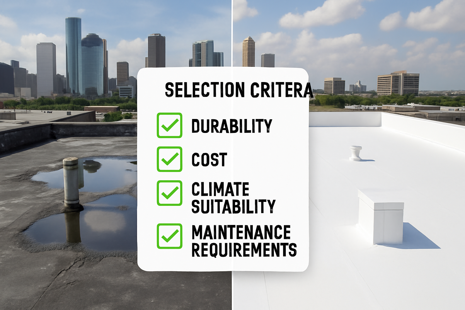 Professional landscape image (1536x1024) depicting the commercial roofing selection process with split-screen comparison layout. Left side s
