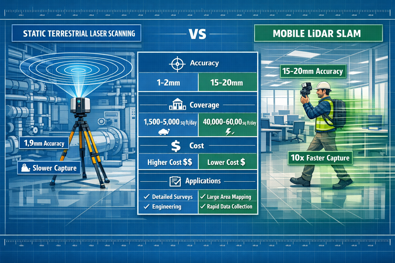 Landscape format (1536x1024) detailed comparison infographic showing side-by-side visualization of Static Terrestrial Laser Scanning versus 