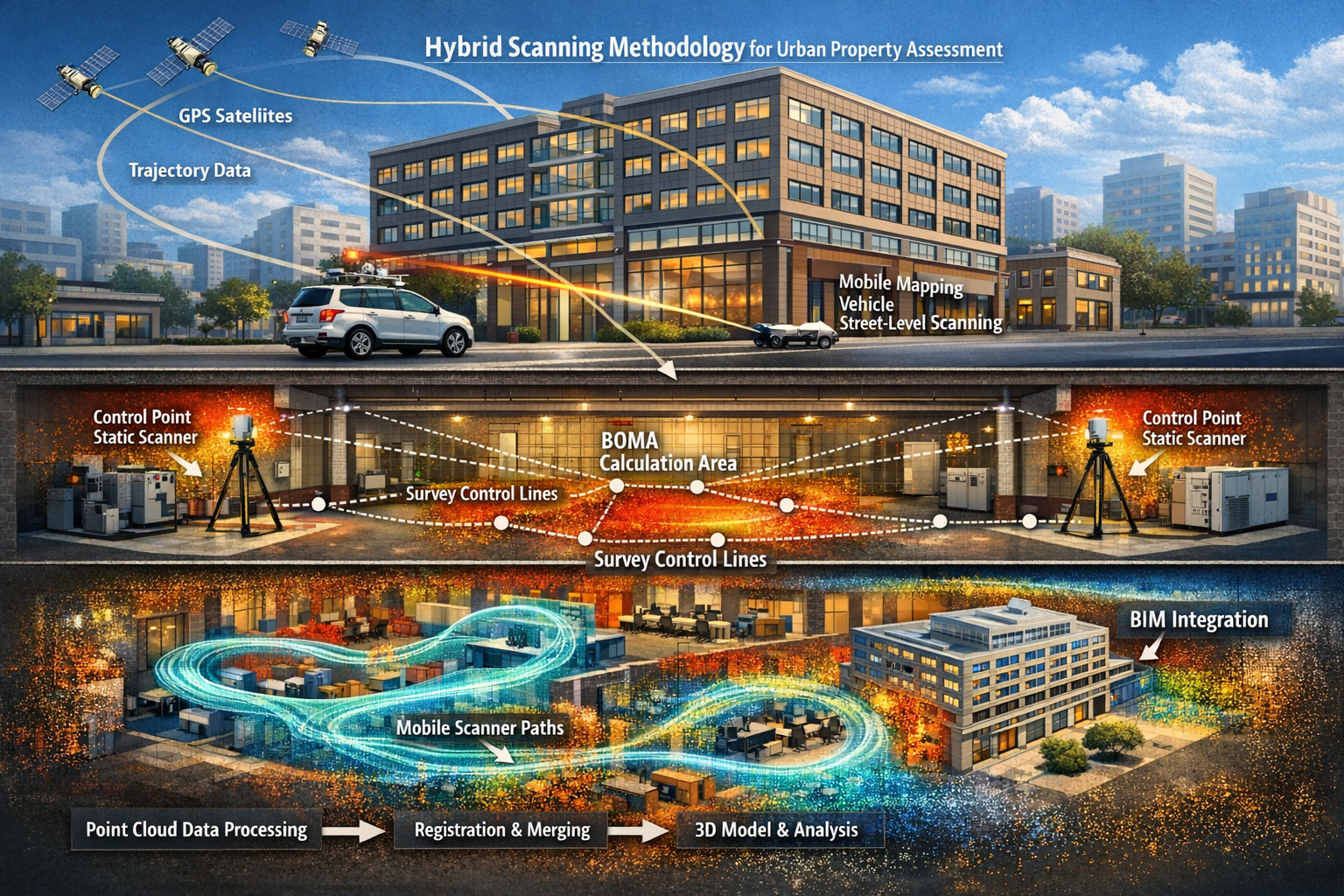 Landscape format (1536x1024) detailed workflow diagram illustrating hybrid scanning methodology for urban property assessment. Top section s