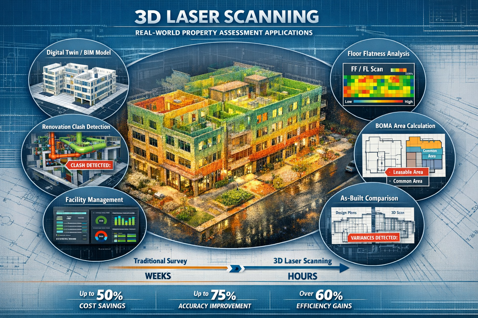 Landscape format (1536x1024) comprehensive benefits visualization showing real-world property assessment applications of 3D laser scanning t