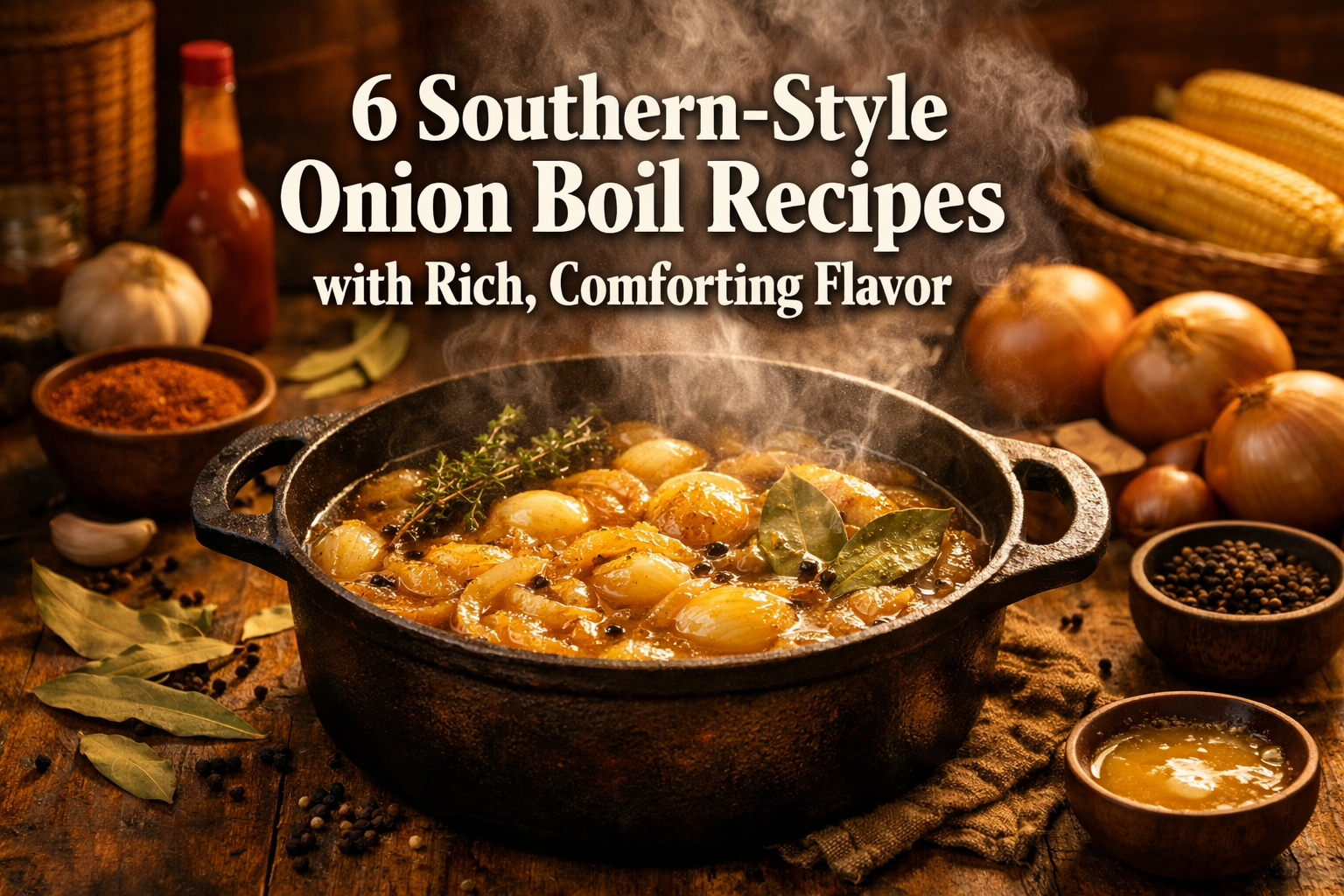 Professional landscape hero image (1536x1024) featuring bold text overlay '6 Southern-Style Onion Boil Recipes with Rich, Comforting Flavor'