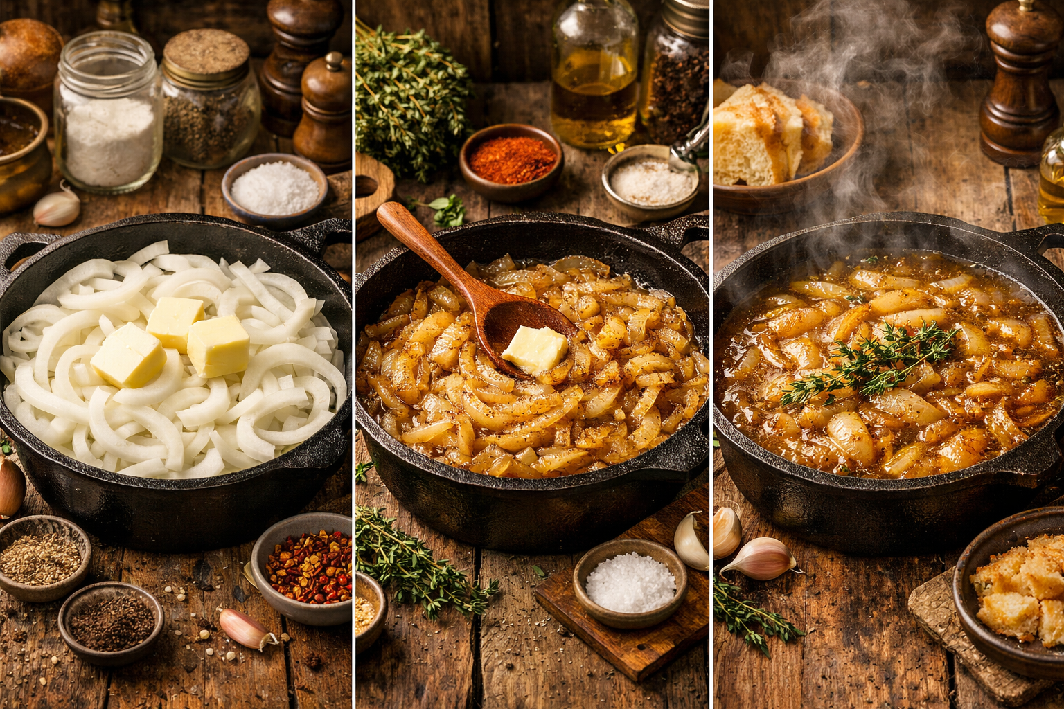 Landscape food photography (1536x1024) showing step-by-step preparation of Southern onion boil with multiple cast iron pots at different sta