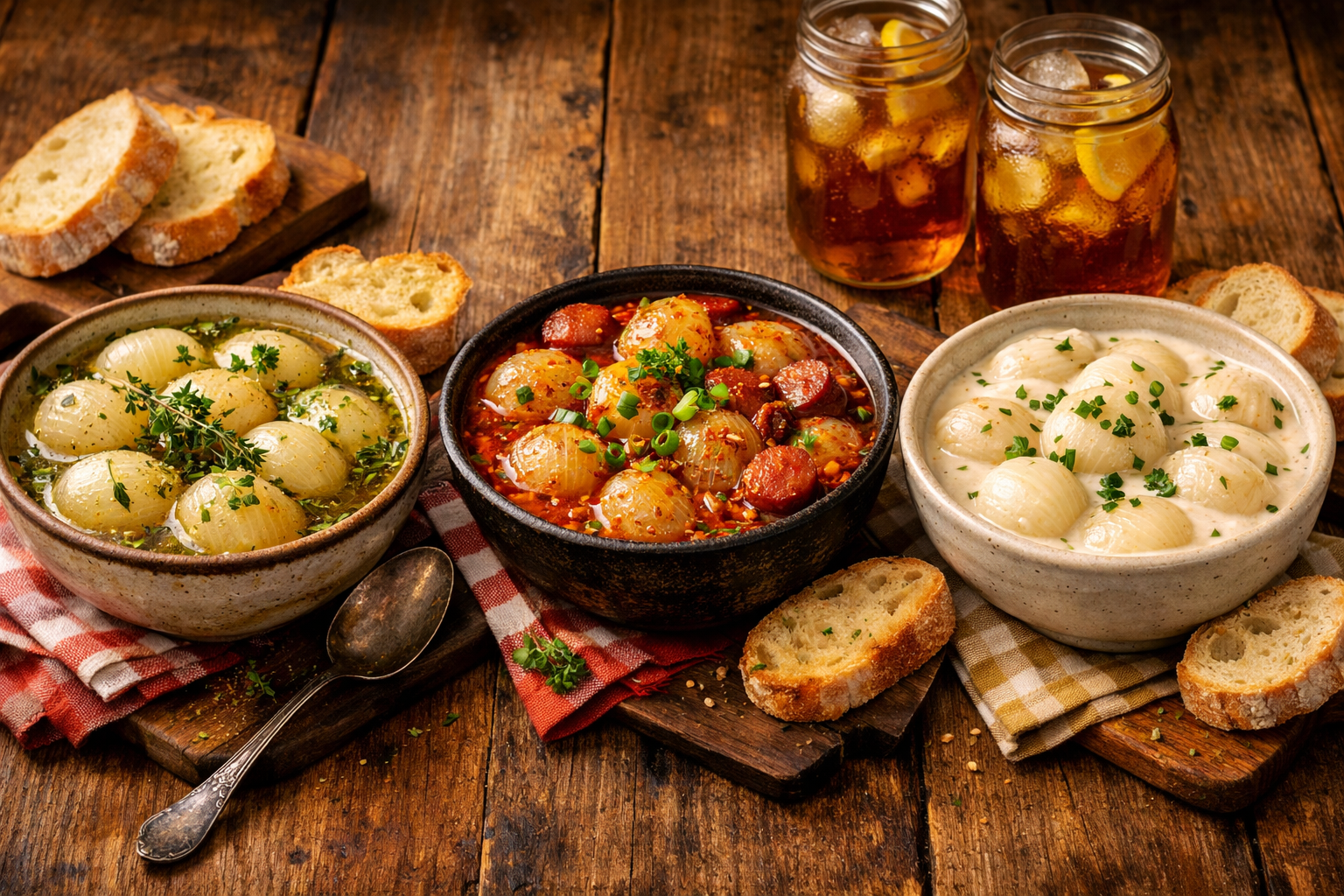 Landscape food photography (1536x1024) displaying three different Southern-style onion boil variations in separate bowls - classic butter an