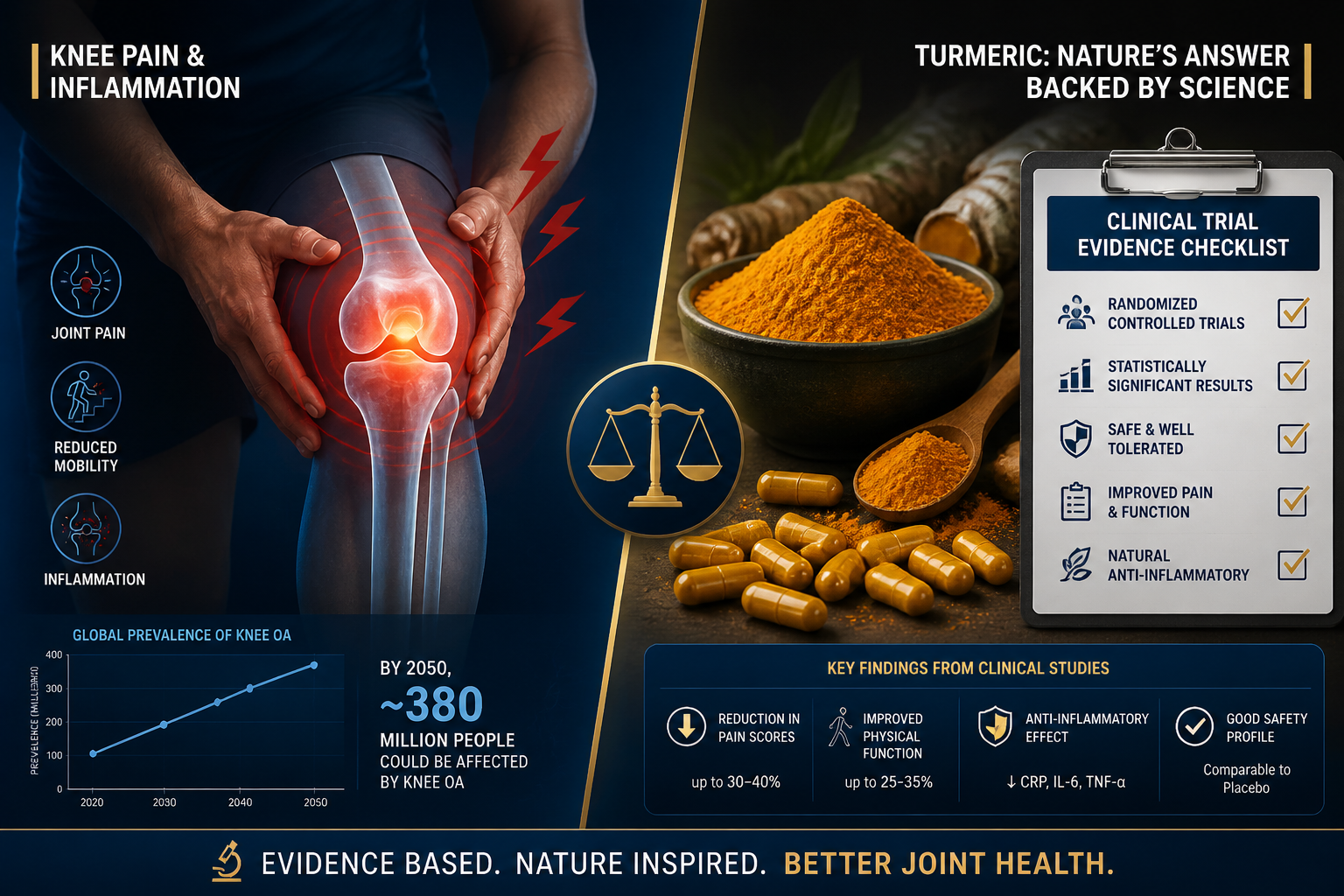 () split-panel comparison image: left panel shows a person with knee joint X-ray and pain indicators, right panel shows