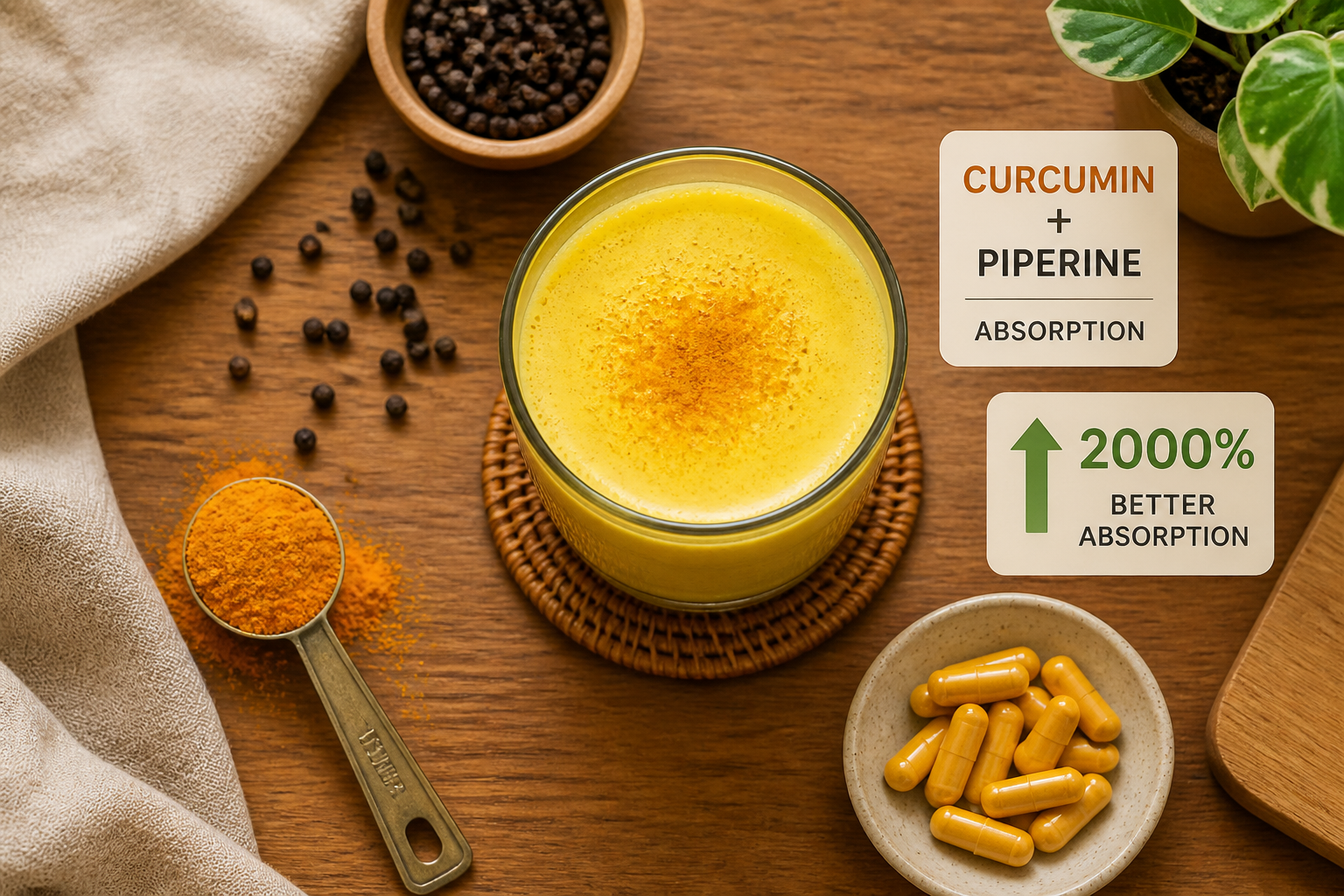 () overhead flat-lay photograph of a wooden kitchen table with turmeric powder in a measuring spoon, black pepper corns