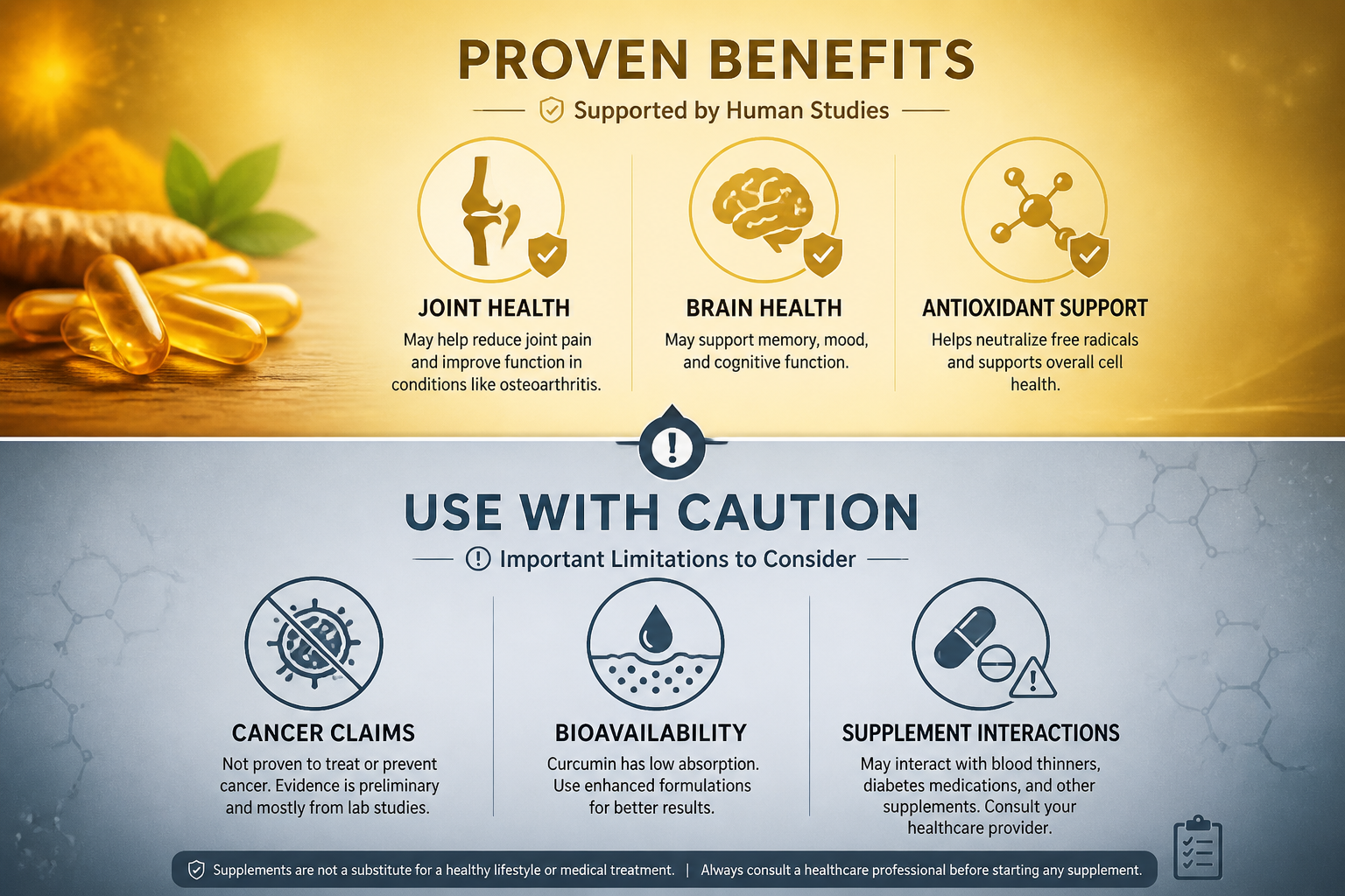 () cautionary infographic-style image showing a split design: top half in warm gold tones with icons representing proven