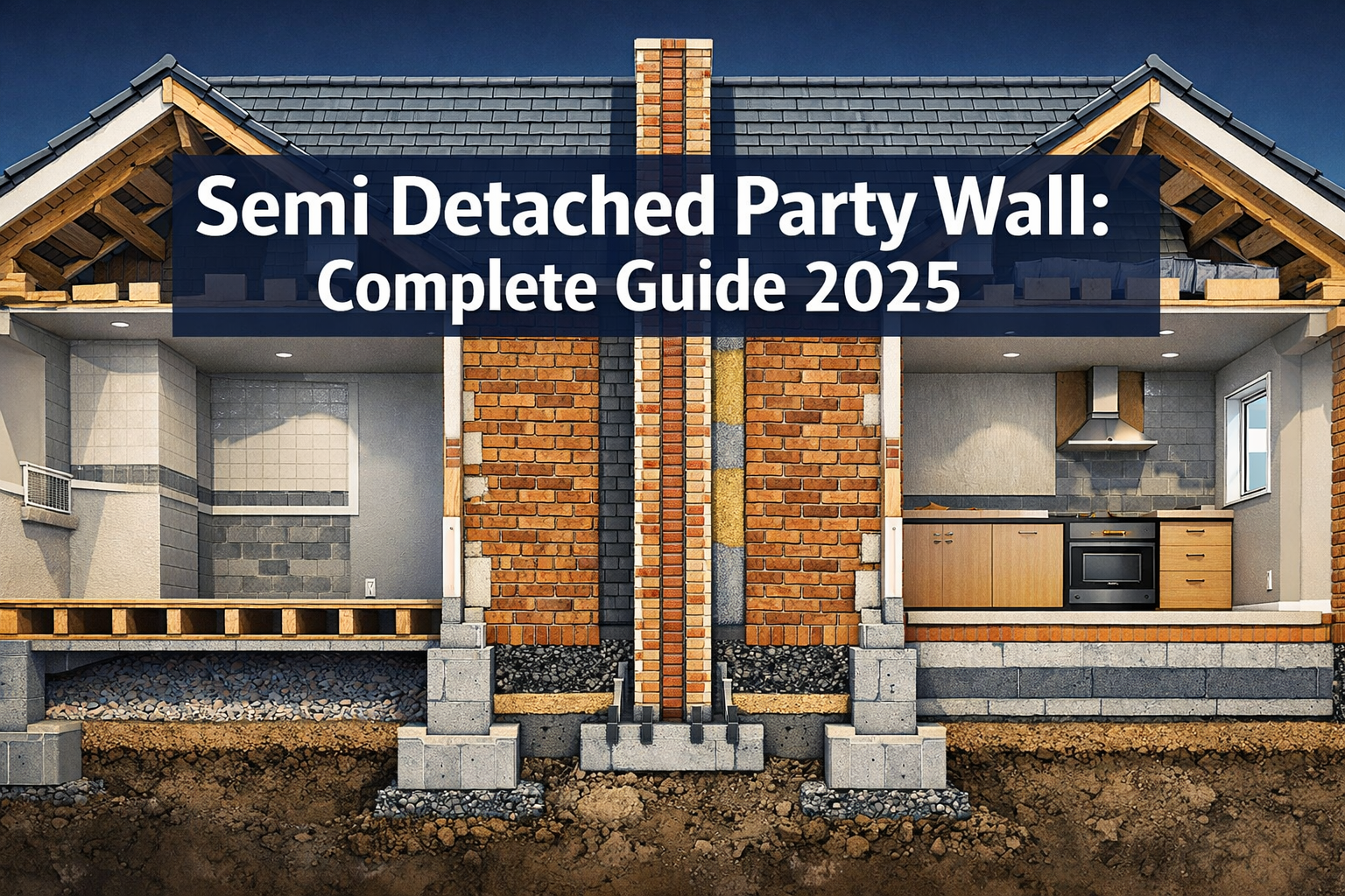 Professional landscape hero image (1536x1024) featuring bold text overlay 'Semi Detached Party Wall: Complete Guide 2025' in extra large 72p