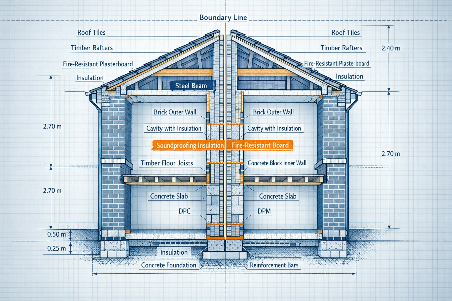 Detailed architectural cross-section illustration (1536x1024) showing semi detached party wall construction from foundation to roof level, w