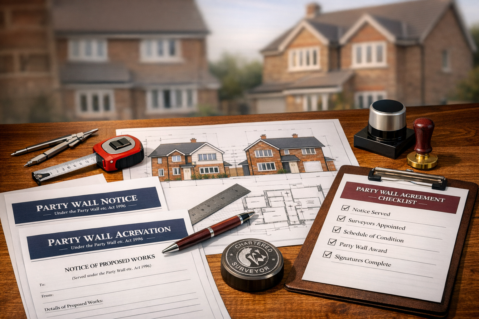 Professional landscape photograph (1536x1024) showing Party Wall Act 1996 legal documentation and surveyor's equipment on wooden desk, inclu