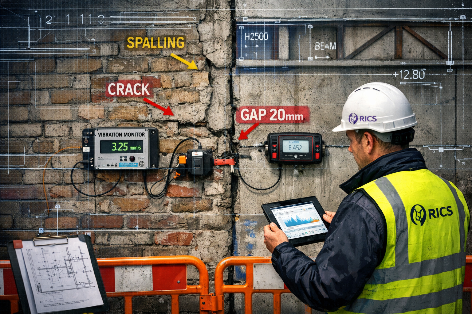 () editorial image showing close-up of party wall between two high-rise buildings with exposed structural elements,