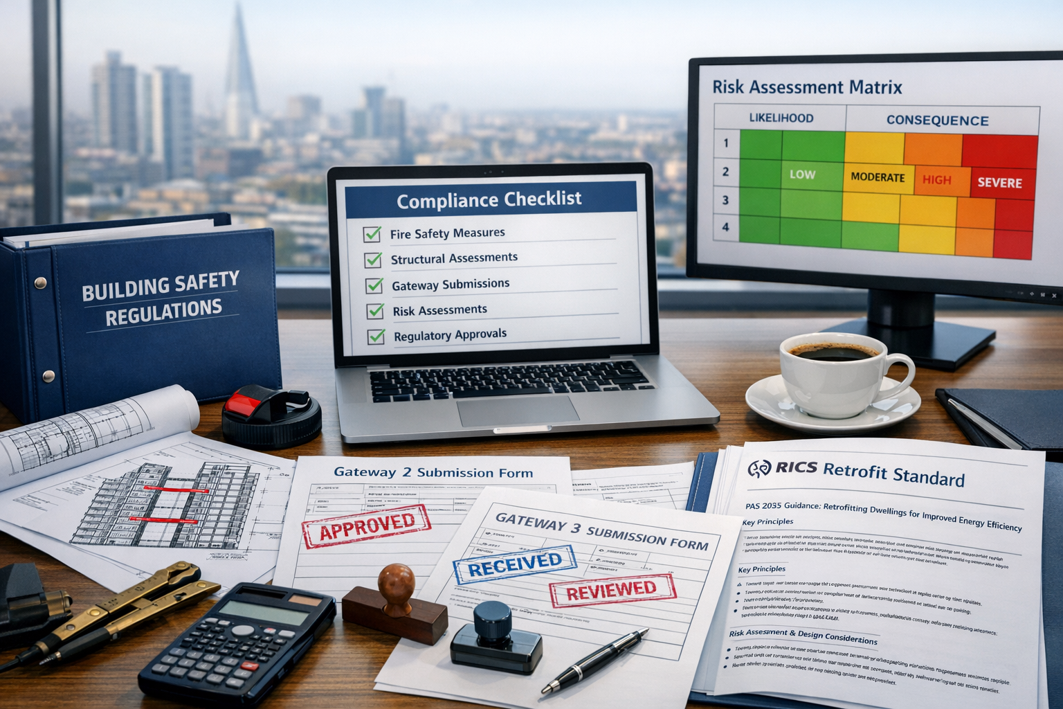 () professional image depicting Building Safety Act compliance documentation spread across modern office desk with laptop