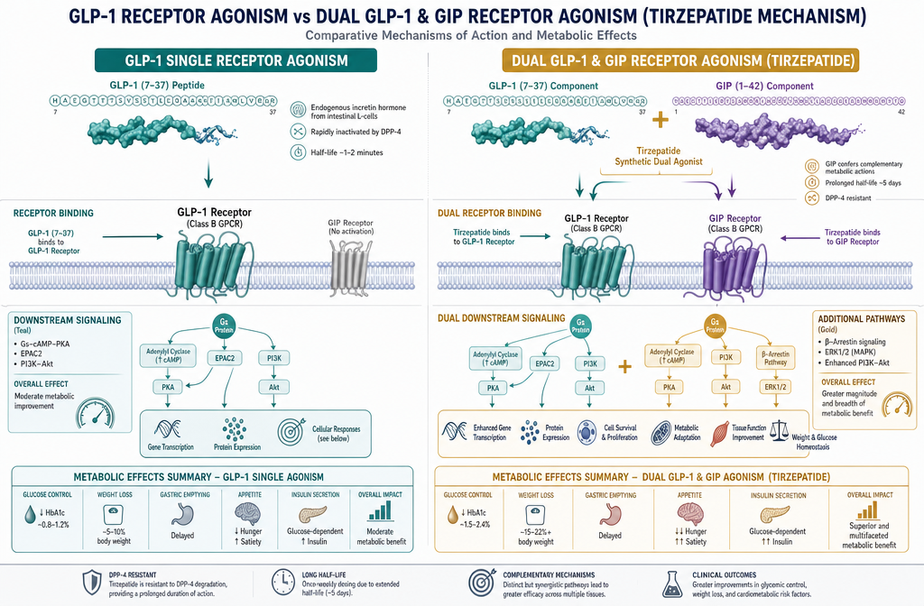 Detailed () scientific infographic illustration showing a side-by-side comparison of GLP-1 single receptor agonism versus