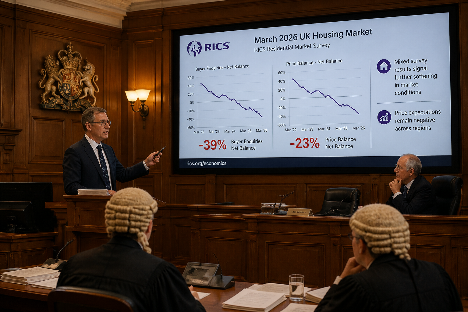 Wide-angle editorial photograph of a formally dressed expert witness surveyor presenting valuation data on a large screen in