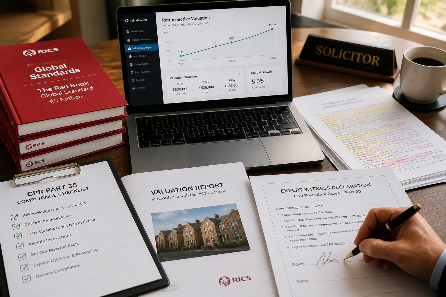 Close-up overhead shot of a solicitor's desk covered with RICS Red Book valuation reports, CPR Part 35 compliance