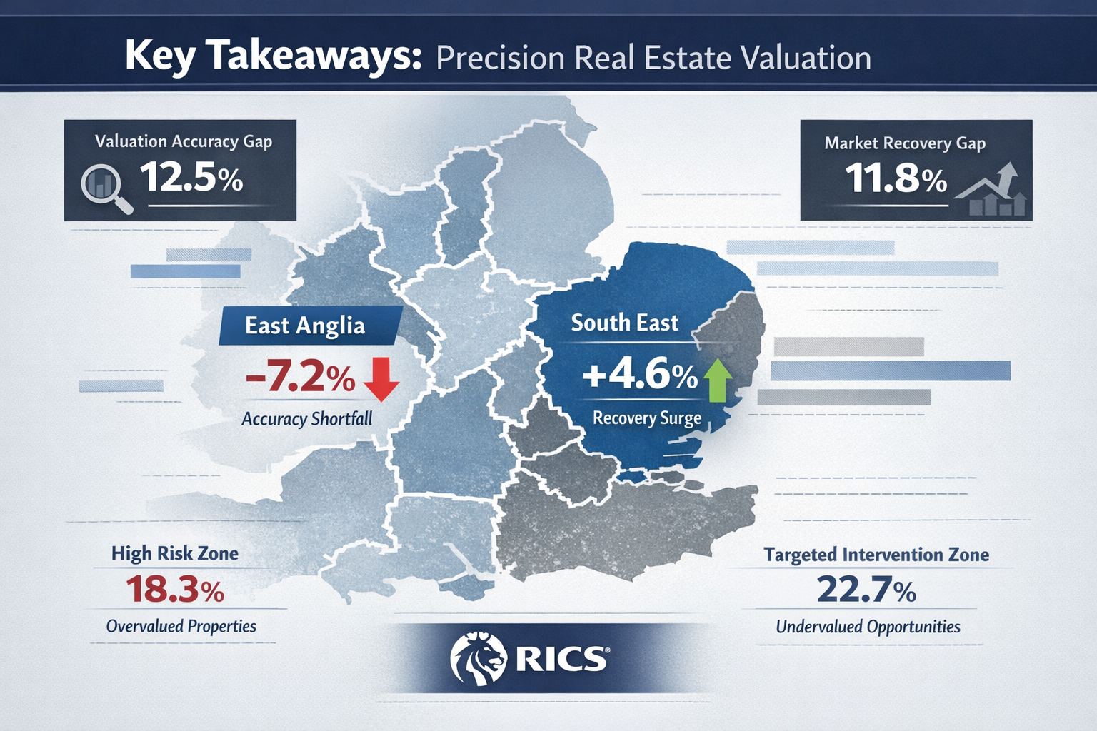 Key Takeaways infographic with precision real estate valuation data visualization. Central graphic showing East Anglia vs