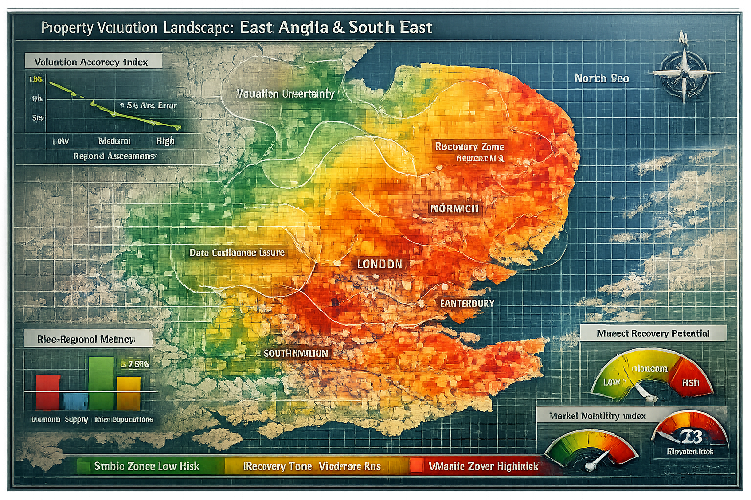 Data-driven visualization exploring East Anglia and South East property valuation landscape. Detailed geographic heat map