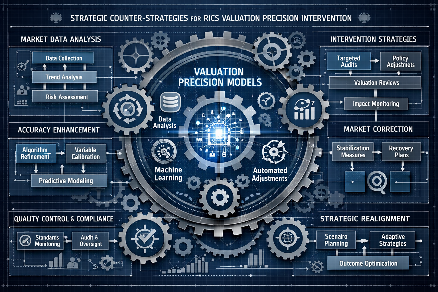 Strategic counter-strategies infographic for RICS valuation precision intervention. Conceptual visual representation showing