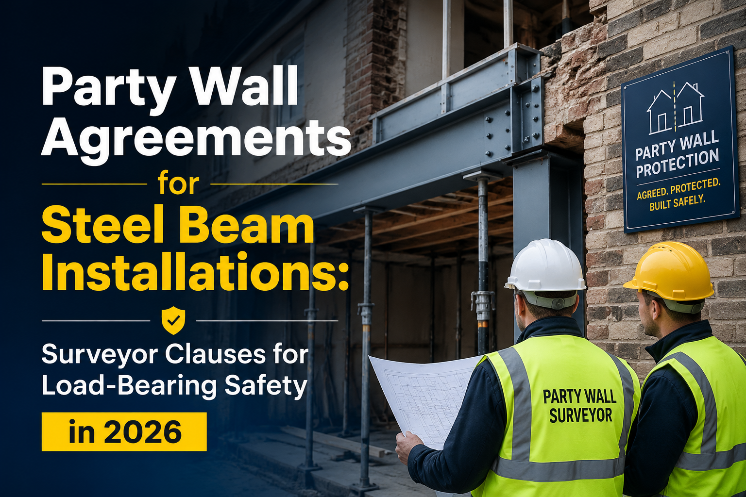 Professional landscape hero image () with : "Party Wall Agreements for Steel Beam Installations: Surveyor Clauses for